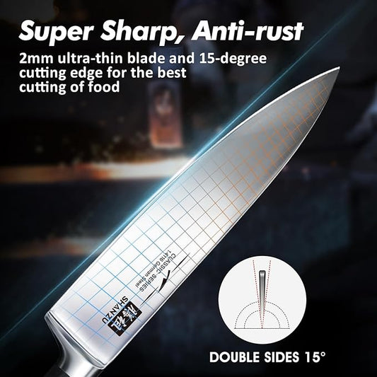 SHAN ZU Kitchen Knife Sets 3pcs, Professional German 5Cr15MoV Stainless Steel, High Carbon Steel Knives Sets, Ultra Sharp Ergonomic Wood Handle & Full Tang Design, Gift Box Included