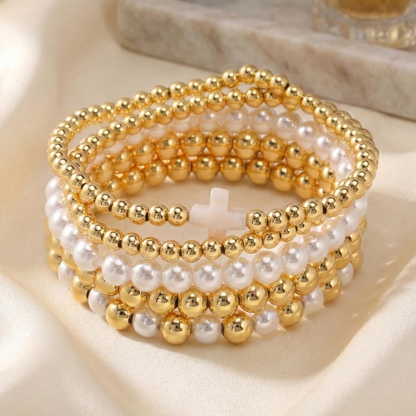 Gold Beaded Cross Bracelet Stack for Women Non Tarnish,Dainty Stretch Pearl Gold Plated Stackable Bracelets Set Fashion Prom Party Accessories Jewelry Gift Friendship
