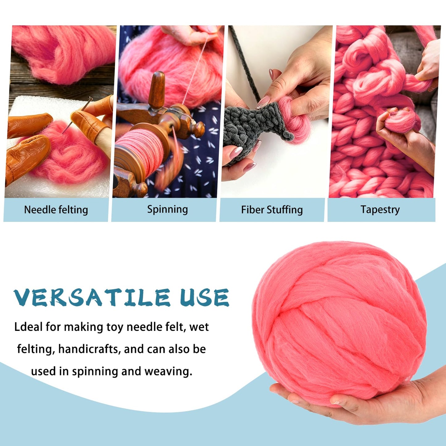 8 OZ Premium Merino Wool Roving, Soft Needle Felting Core Wool, Carded Felting Wool for Sculpting, Wool Dryer Balls & DIY Spinning, Ideal Felting Supplies for Beginners, Pink