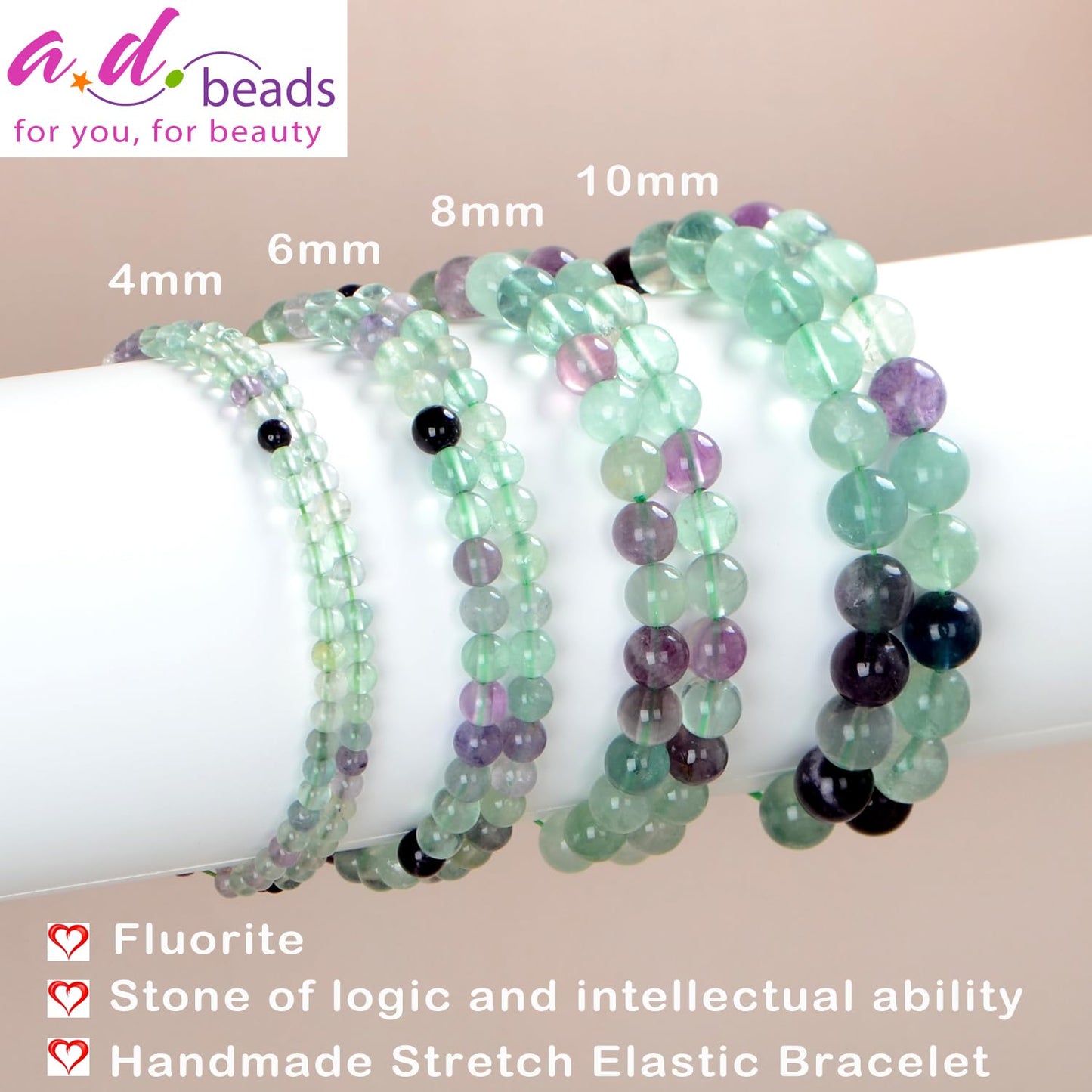 AD Beads Handmade Gemstone Stretch Elastic Bracelet Crystal Healing Reiki Nature's Beauty and Spiritual Essence Unisex (4mm, Fluorite)