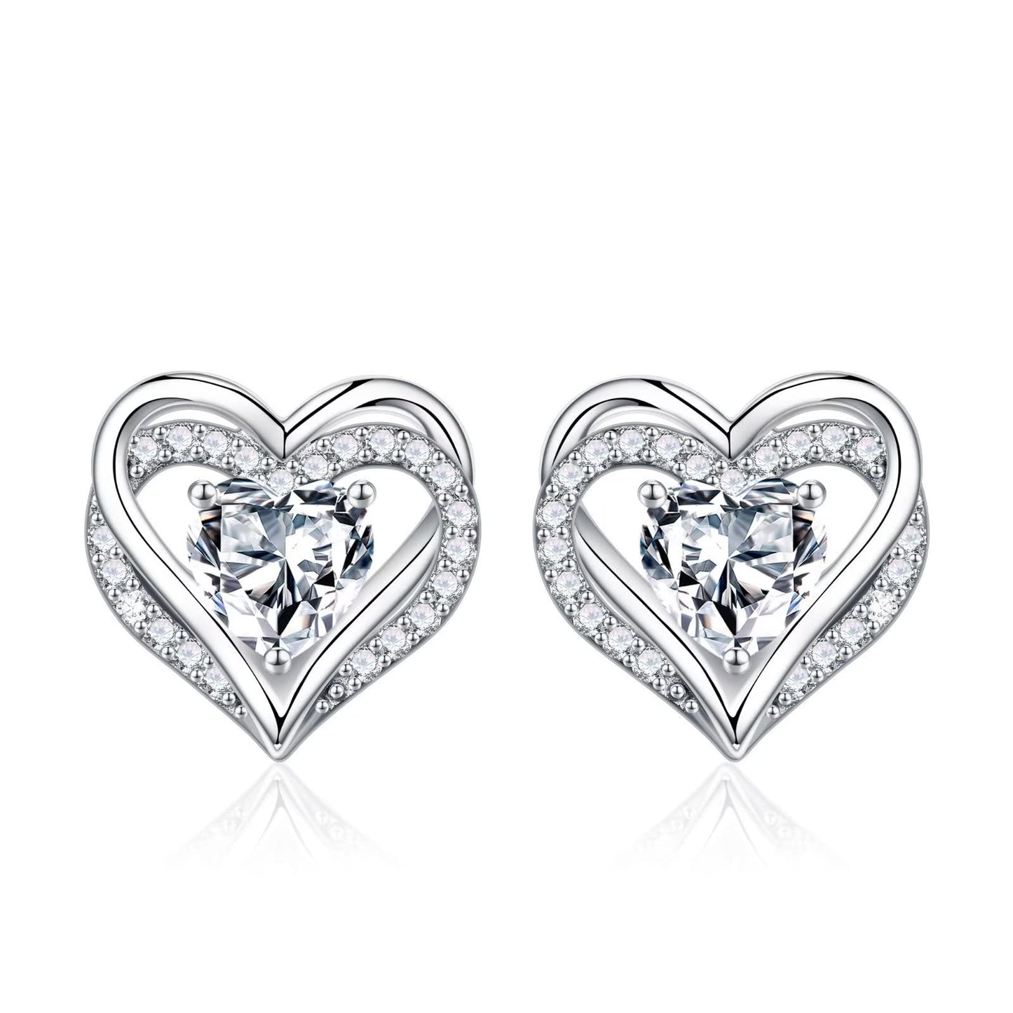 Iefil Earrings for Women, 925 Sterling Silver April Birthstone White Topaz Heart Stud Earrings for Women