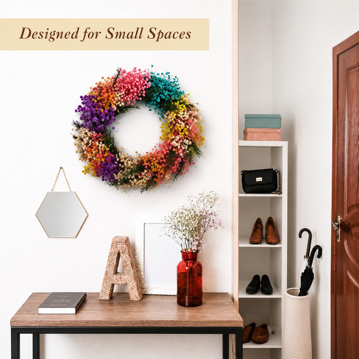 YZXZM 11 Inch Small Dried Flower Wreath – Handmade Baby’s Breath Spring Summer Wreath for Apartment, Nursery, Bedroom, Door & Wall Decor