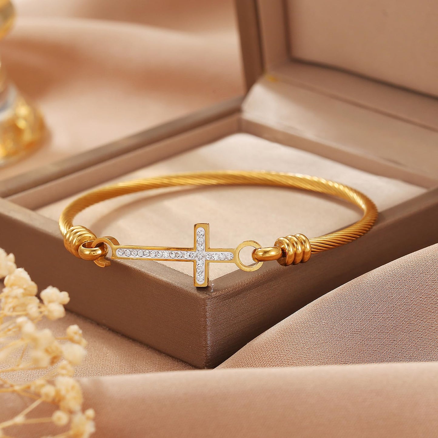 DS Religious Gift for Her Christian Cross Bracelet Bible Verse God is Within Her She Will Not Fall Inspirational Bracelets For Women Stainless Steel Jewelry Gift To Daughter Best Friend (Cross bracelet-Gold 14)