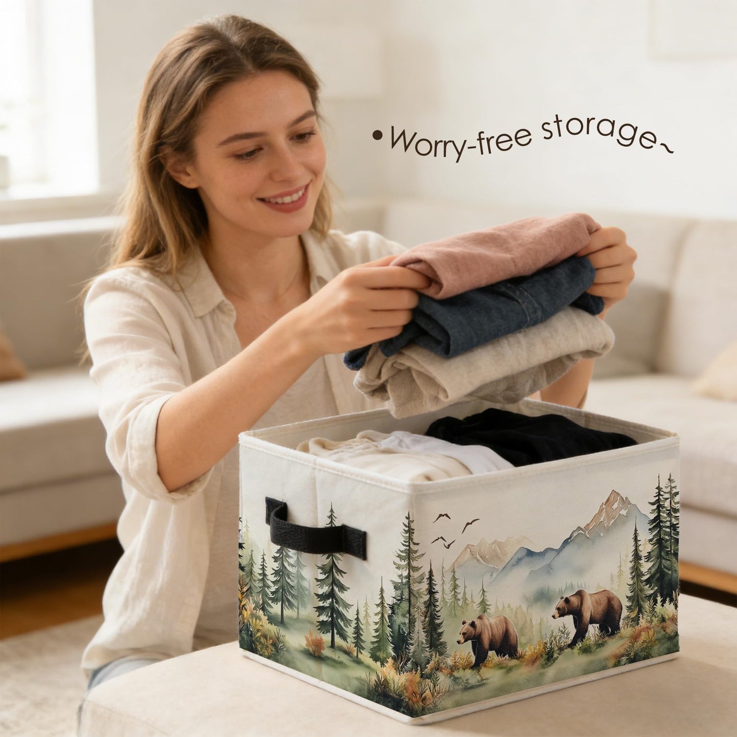 Fyecoluo Forest Brown Bear Nursery Storage Bins Box with Handles, Camping Hiking Lover Gifts Foldable Basket Toybox for Kids Room Nursery Playroom Bedroom Bathroom Clothes Toys Books