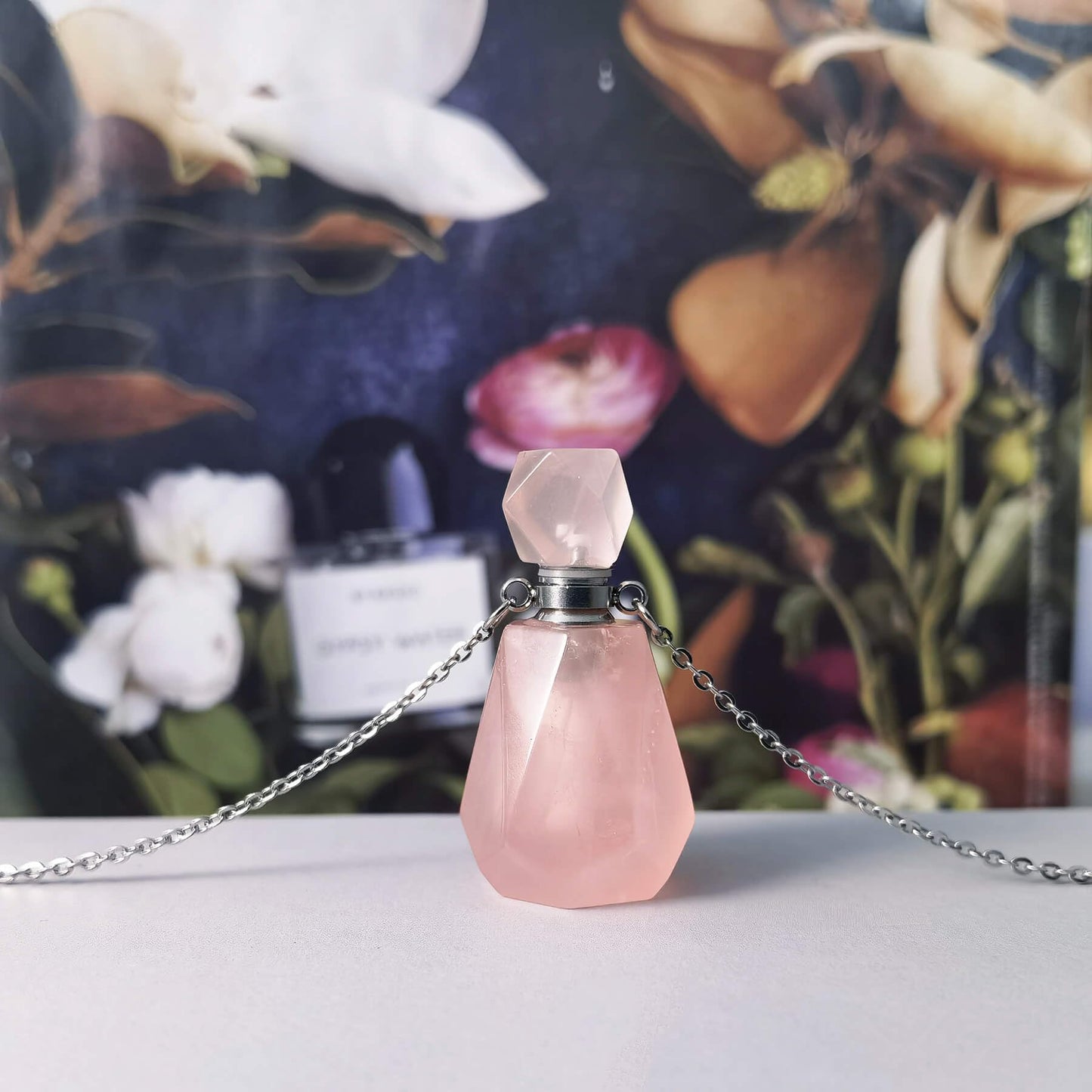 Rose Quartz Necklace, Rose Quartz Necklace, Rose Quartz Crystal Perfume Bottle Necklace with Stainless Steel Chain, Vintage Vial for Essential OilRose Quartz Crystal Perfume Bottle Necklace with Stainless Steel Chain