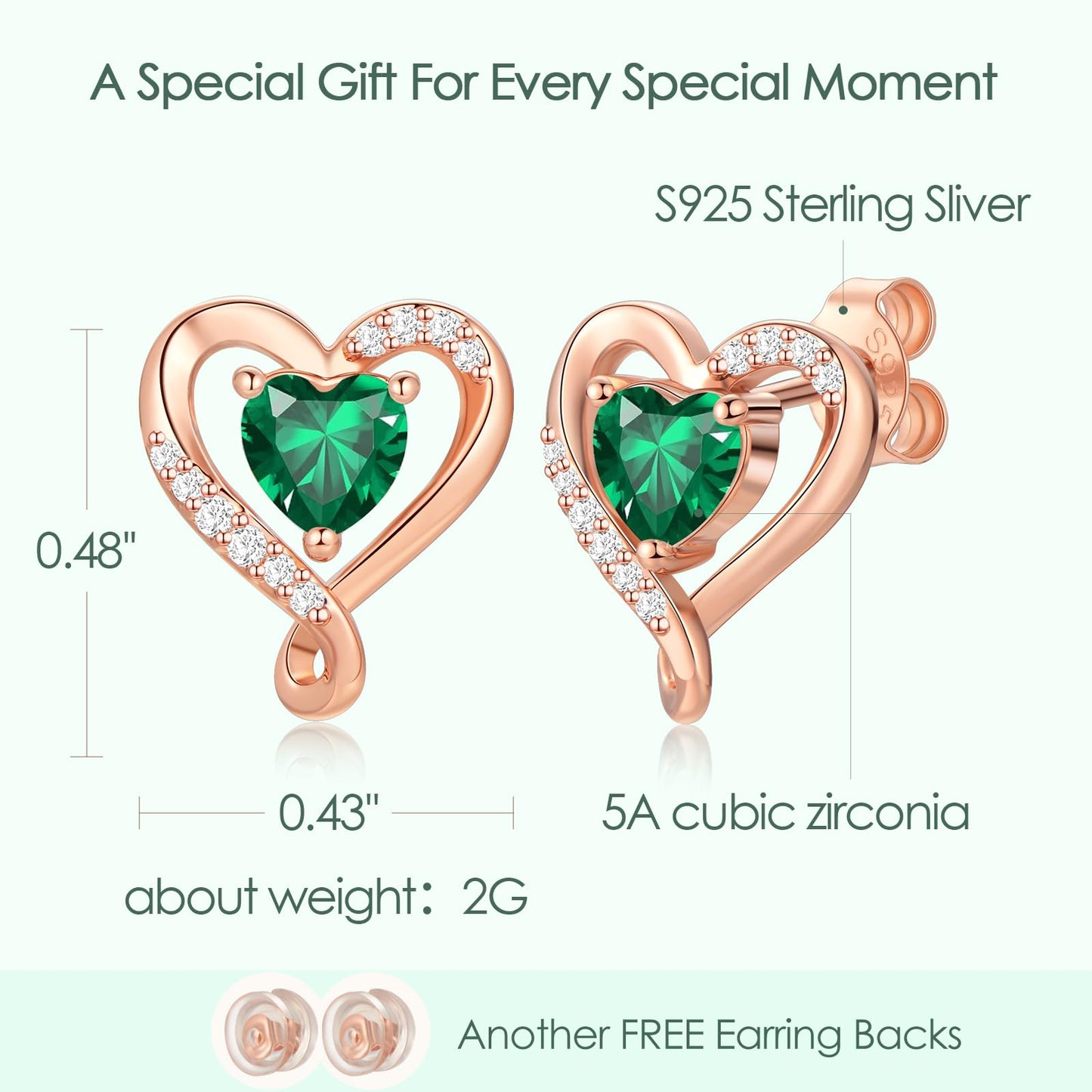 Zifeel Earrings for Women,Rose Gold Birthstone Heart Studs Earring for Girlfriend Wife,Anniversary Birthday Christmas Valentines Mothers Day Gifts Jewelry for Women Wife Her Mom