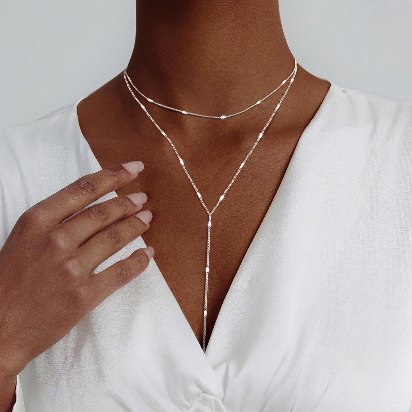 Luxval Silver Necklace for Women Dainty 14K Silver Plated Layered Necklaces for Women Trendy Lariat Beaded Long Necklace Simple Jewelry Gifts