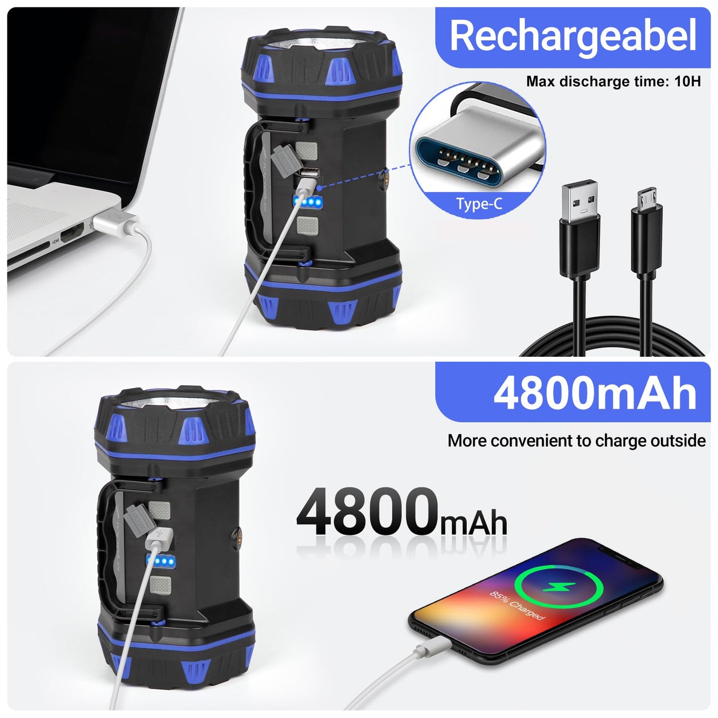 Led Camping Lantern Rechargeable, Camping Flashlight 1500LM, 8 Light Modes, Camping Lights 4800 Capacity, Portable Bright Flash Light for Emergencies, Power Outages, Hurricane, Hiking (Blue 1PACK).