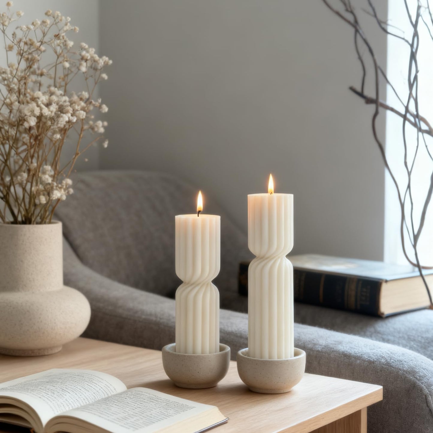 Set of 2 Ribbed Pillar Candles Handmade Soy Wax Scented Ribbed Candles,Hourglass Pillar Candle,Wax Elegant Bubble Natural Aesthetic Candle Housewarming Gift Home Room Shelf Decor Idea(White)