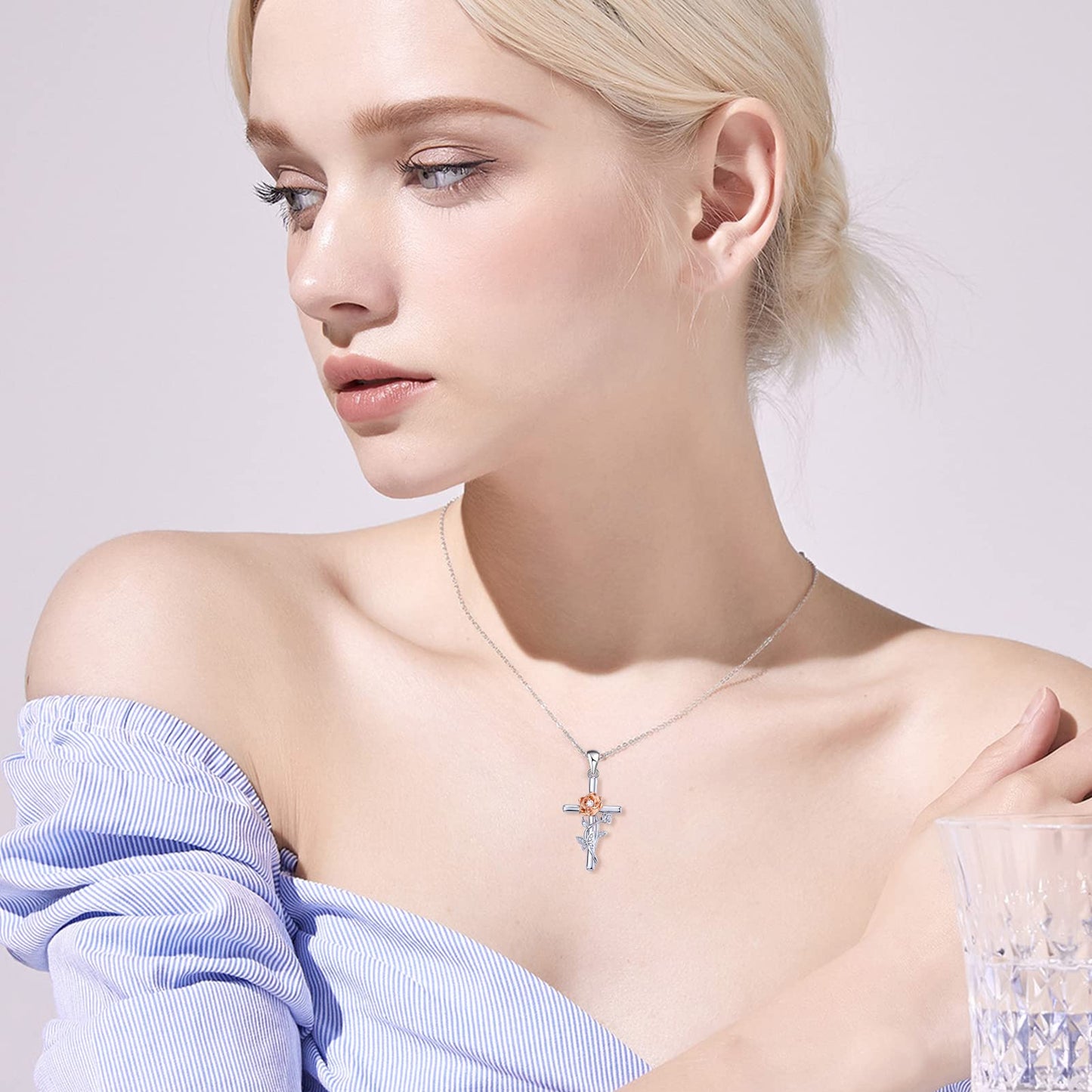 Distance Cross Necklace for Women 925 Sterling Silver Jewelry Pendant Necklace for Mom Wife Gift for Mother's Day or Birthday (Two-tone Rose Cross Necklace)