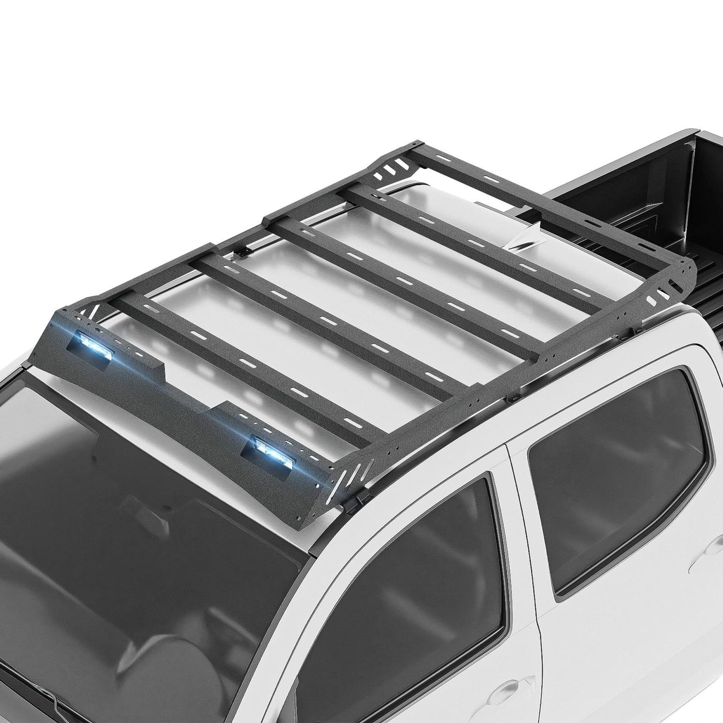 SUORTO Cargo Basket Top Roof Rack Compatible with 2005-2023 Tacoma Double Cab/Crew Cab (4 Full-Size Doors), Overland Truck Cargo Carrier Rooftop Luggage Storage Holder with LED Light Bar