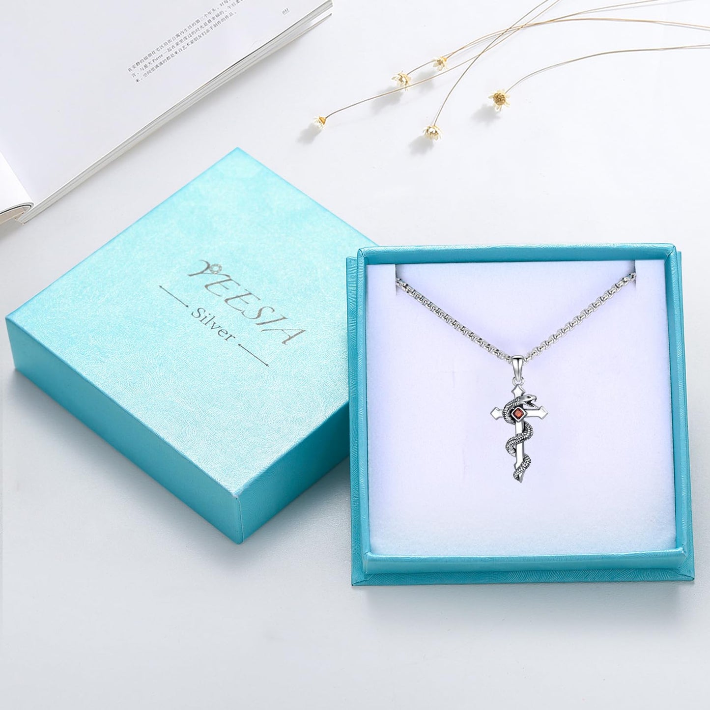 YEESIA Snake Necklace for Women Men 925 Sterling Silver Snake Amulet Cross Pendant Vintage Gothic Punk Jewelry Gifts for Men