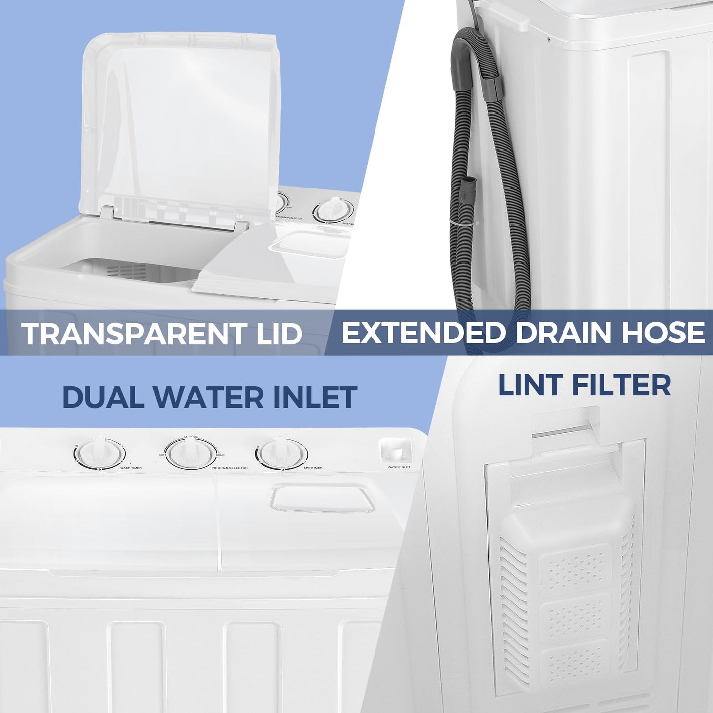 Nictemaw Portable Washing Machine 30Lbs Capacity Twin Tub Compact Laundry Machine 19Lbs Washer and 11Lbs Spin Dryer with Built-in Drain Pump, Small Washing Machine for Apartments, Dorms, RVs