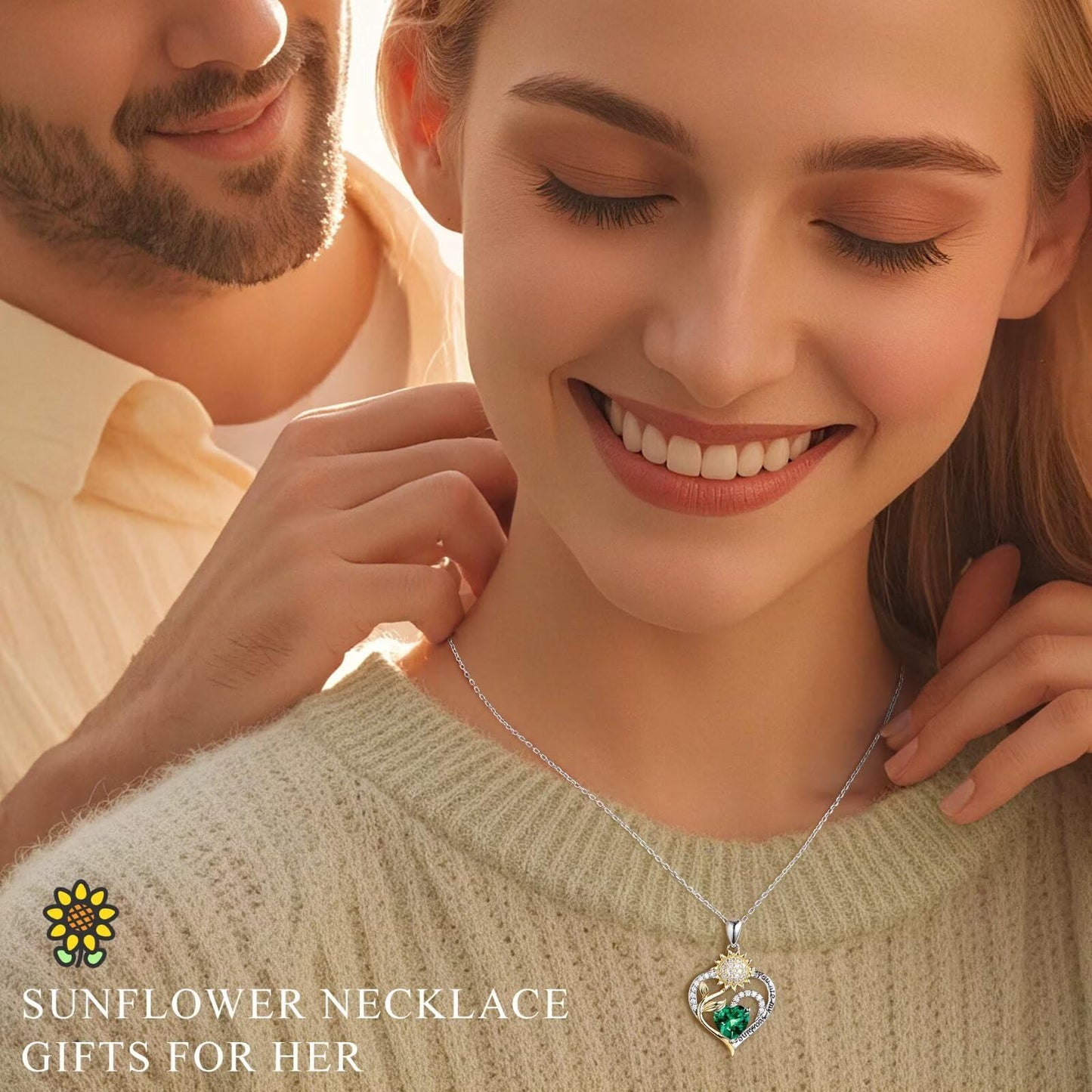Iefil Sunflower Gifts for Women, Sunflower Necklace, Anniversary Birthday Gifts for Wife, June Lab-Created Alexandrite Necklace, Jewelry for Women Wife Mom