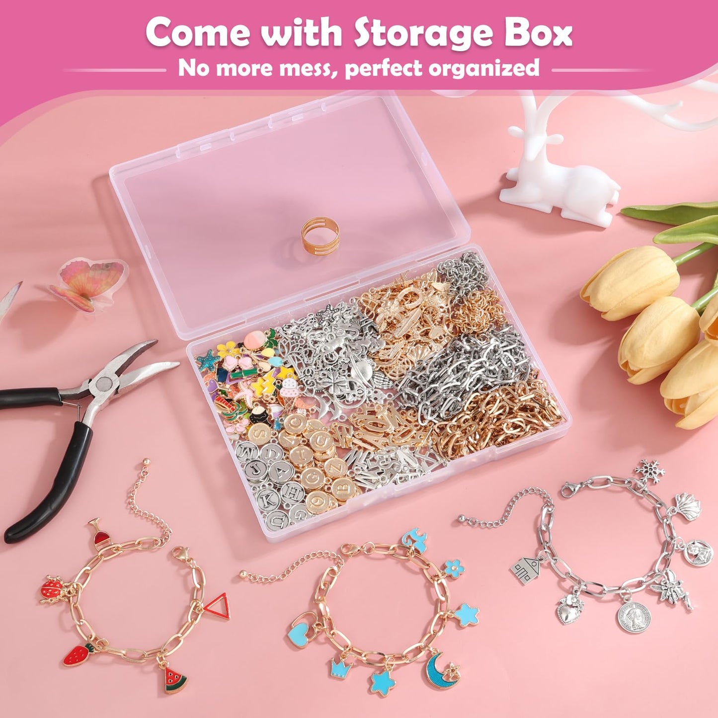 Charm Bracelet Making Kit for Adults & Teens, 477Pcs DIY Charm Bracelet Set with Gold & Silver Charms, Paperclip Chain Bracelets, Alphabet Charms, Complete Jewelry Making Supplies for Crafting