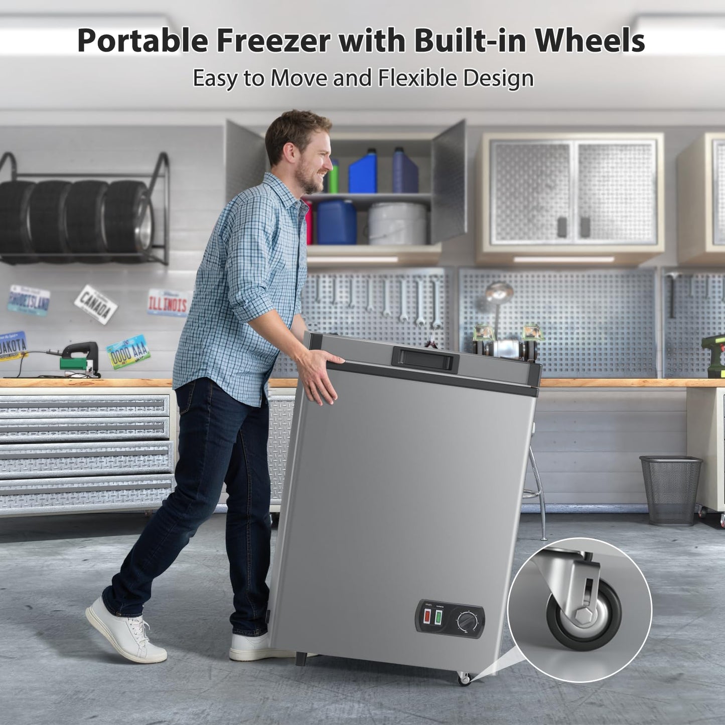 LifePlus Chest Freezer, 4.2 Cu Ft Small Deep Freezer With Fast Cooling & Convenient Pulley, Perfect for Kitchen Parlor, Garage，Apartment，Small Freezer With Low Noise & Energy Saving, Titanium Grey