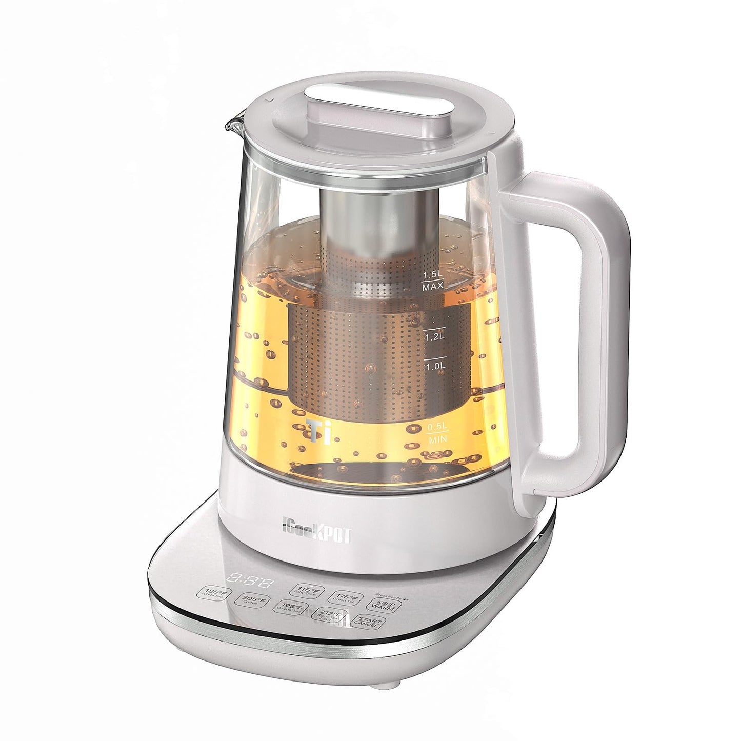 ICOOKPOT Titanium & Stainless Steel Electric Kettle with Tea Infuser and Temperature Control,1.5L Glass Tea Maker,1500W Rapid Boiling,Programmable Control for your Favorite Teas and Coffee-Grey