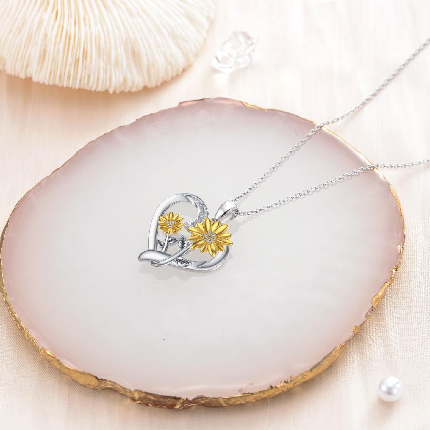 ZBA Sunflower Necklace for Women Silver Diamond Heart Pendant Jewelry, Anniversary Valentines Mothers Day Gifts for Mother Wife Her Mom