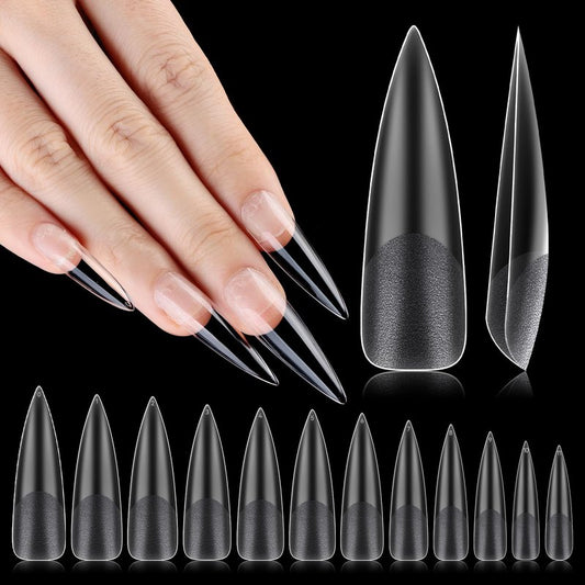 INENK No C Curve XXL Stiletto Nail Tips, Half Matte Clear Half Cover, Stiletto Flat Tips for Acrylic Nails Art Design, Salons, Home DIY Nail Extension(12 Sizes 240PCS)