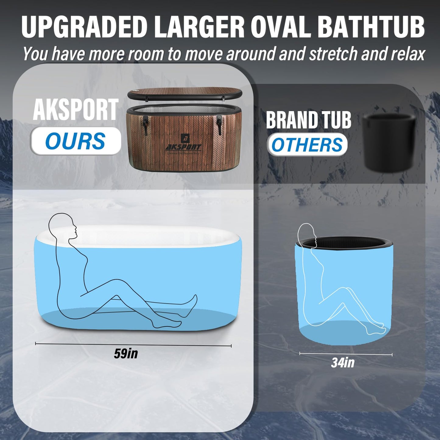 AKSPORT Ice Bath Tub for Athletes, 151 Gallons Inflatable Cold Plunge Tub Compatible with Water Chillers, Icebath for Recovery & Cold Water Therapy, Portable Bathtub for Indoor & Outdoor-Wood