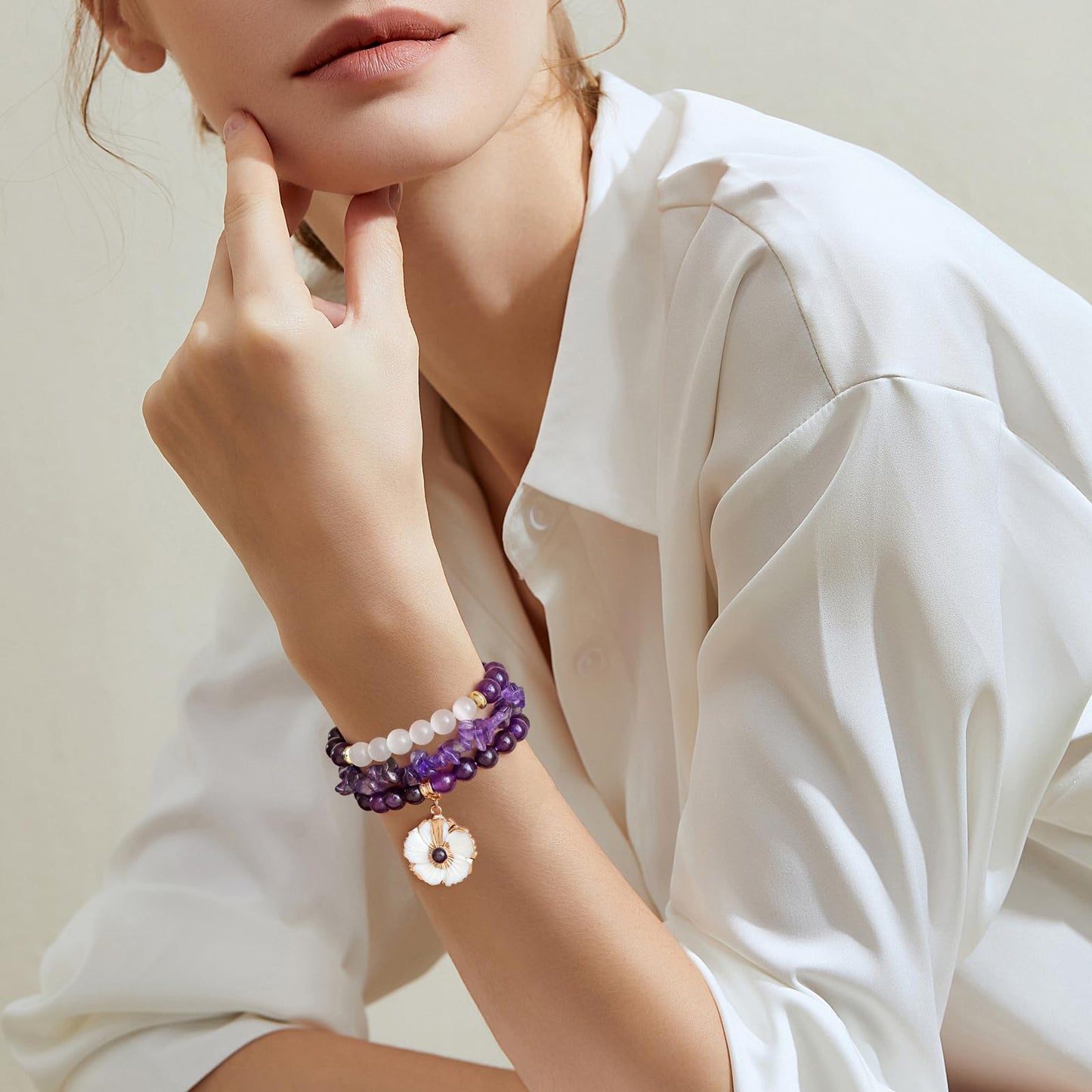 Vinswet Healing Crystal Beaded Bracelets for Women,Natural Amethyst Gemstones Bracelet,Anxiety Stress Relief Heart Charm Bracelet Handmade purple Jewelry Gifts for Women (Amethyst&Flower)