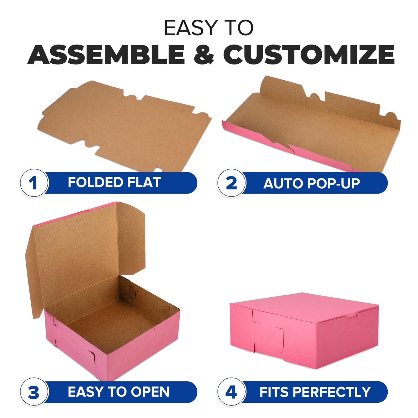 Fit Meal Prep [25 Pack] Pink Bakery Boxes 8x8x4 Pastry Box for Cupcakes, Desserts, Cookies, Candies Ideal Packaging for Bakeries and Home-made Baked Goods, Favors, and Gifts