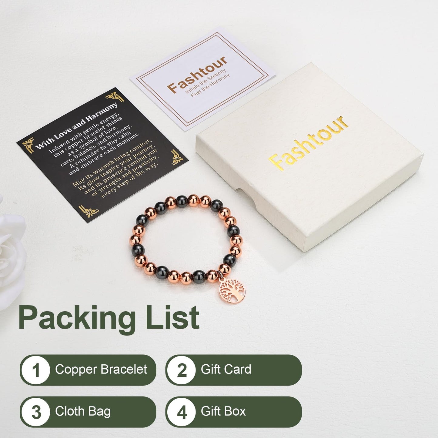 Fashtour Copper Beads Bracelet for Women and Men, Adjustable 99.99% Pure Copper Beads with 8mm Hematite Stones, Magnetic Beaded Jewelry Gift with Tree of Life Charm (8mm)