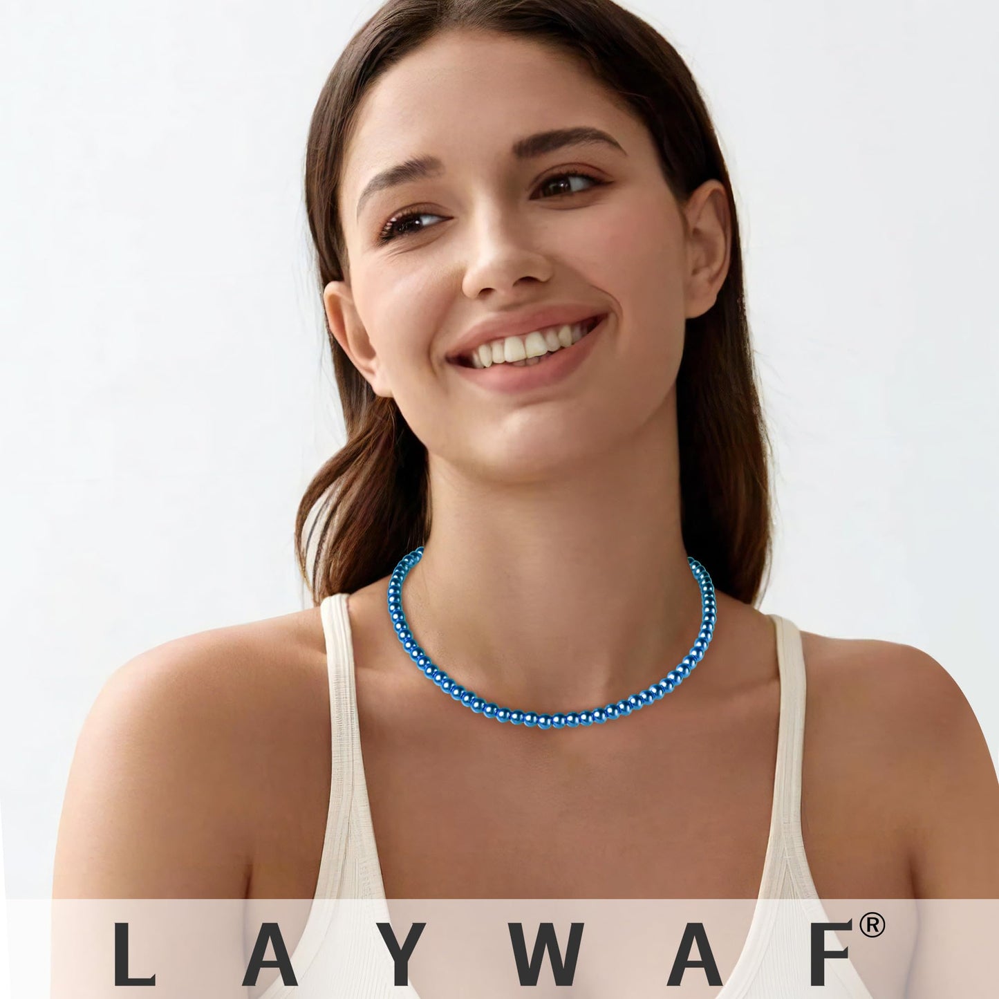 LAYWAF 6MM Imitation Pearl Necklace for Women, Fake Pearl Choker Navy Blue Beaded Necklace, Faux Pearl Costume Jewelry for Mom Wedding Bride Bridal