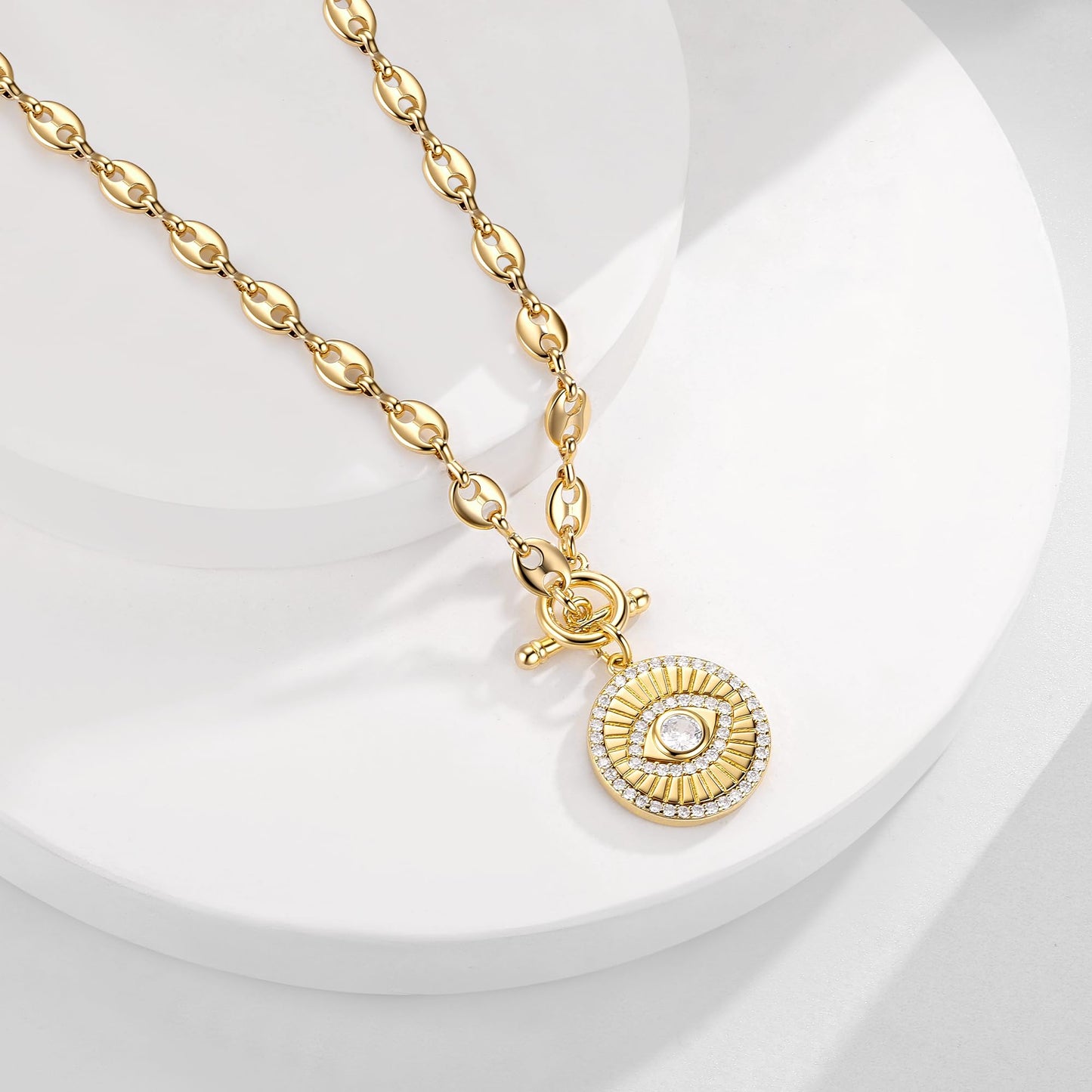 NUZON Round Evil Eye Pendant Necklace for Women 14K Gold Plated Coffee Bean Chain Coin Disk CZ Demon Eye Protection Charm Lucky Amulet Spiritual Jewelry Gift 18’’