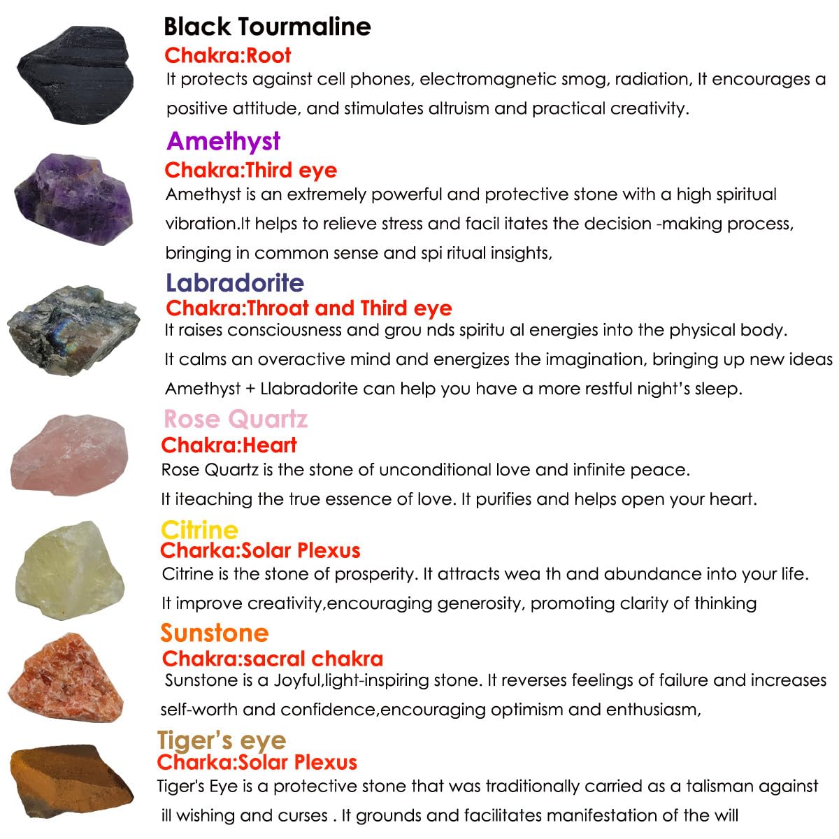 7Pcs Energy Crystals for Good Fortune Natural Raw Crystals Set of Black Tourmaline,Amethyst,Labradorite,Rose Quartz,Citrine,Sunstone,Tiger's Eye (Crystals for Good Fortune)