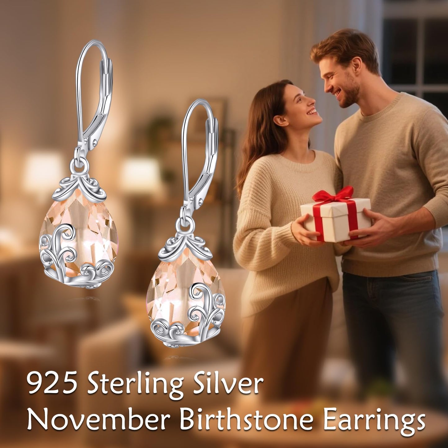 POPLYKE BirthStone Filigree Teardrop Drop Dangle Earrings Sterling Silver Citrine Leverback Earrings November Birthstone Jewelry Gifts for Women