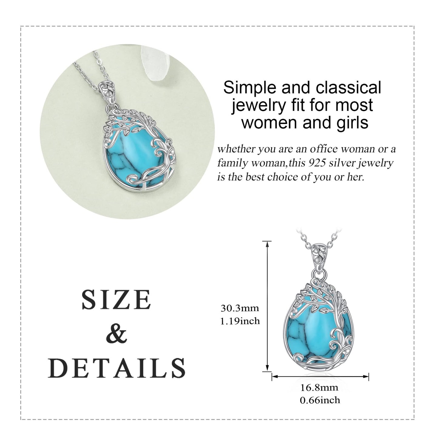 YAFEINI 925 Sterling Silver Turquoise Necklace Tree of Life Teardrop Pendant Necklace Turquoise Jewelry for Women (OO-Tree of Life Turquoise Necklace)