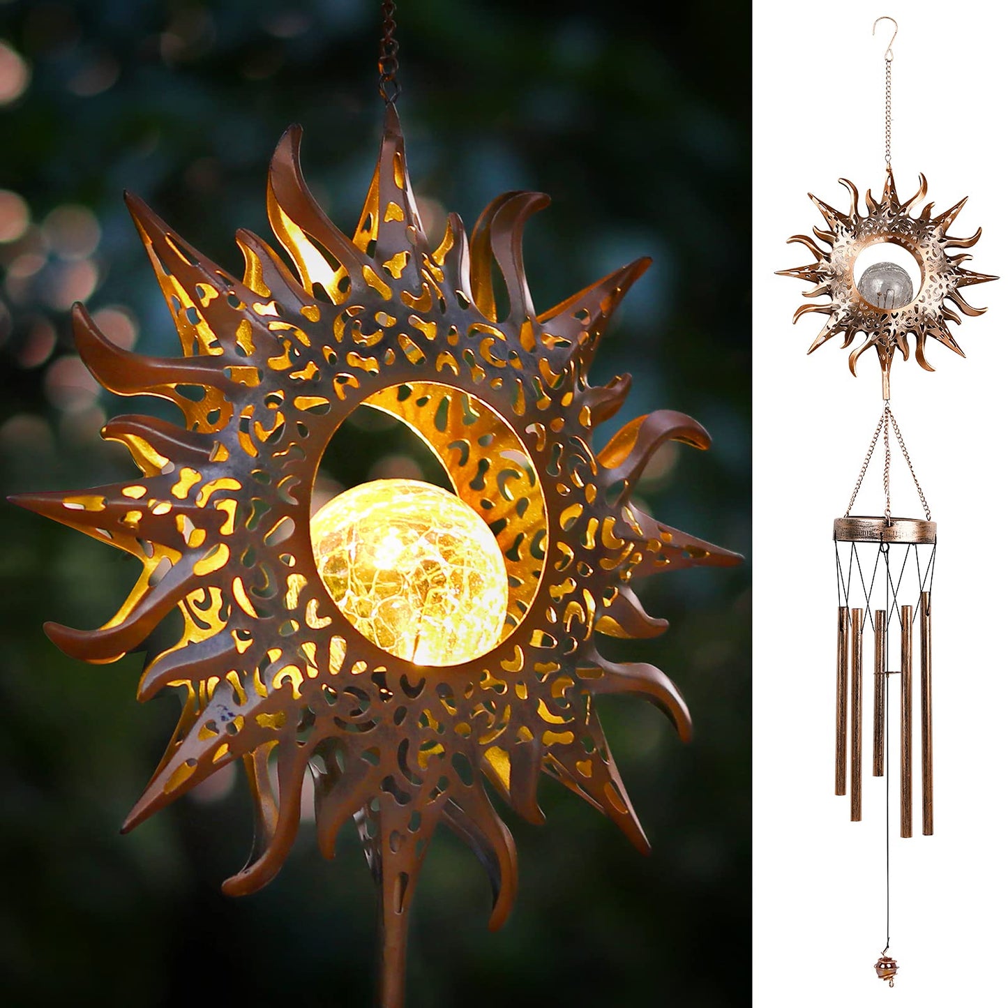 DesGully Solar Wind Chimes, Sun Wind Chime Outdoor Clearance w/Glowing Crackle Glass LED Unique Wind Bells for Outside Waterproof Chimes, Gifts for Her/Him (42" Long Metal Chimes)â¦