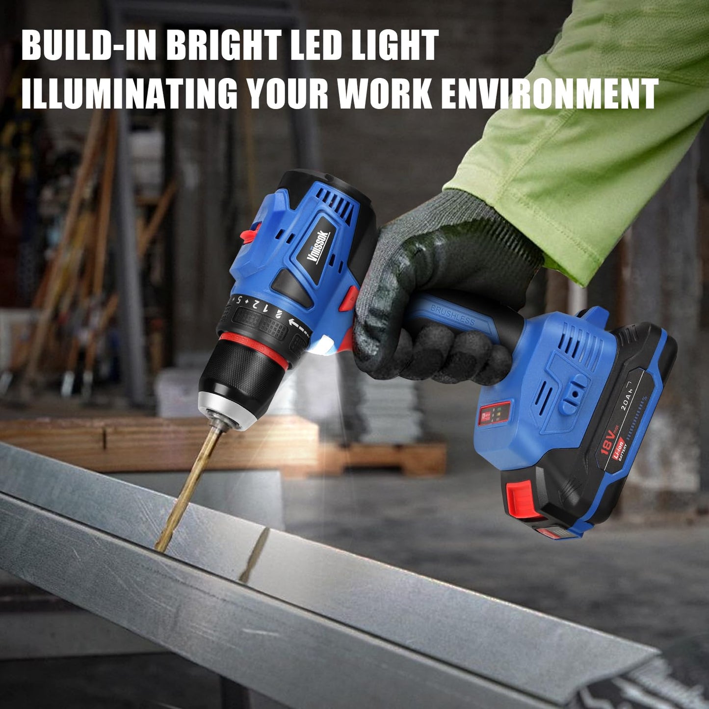 Vniissok Cordless Drill Set,18V Brushless Power impach driver with Battery and Charger, 3/8" Keyless Chuck, Variable Speed, Drill Driver Bits Kit for Drilling and Tightening/Loosening Screws