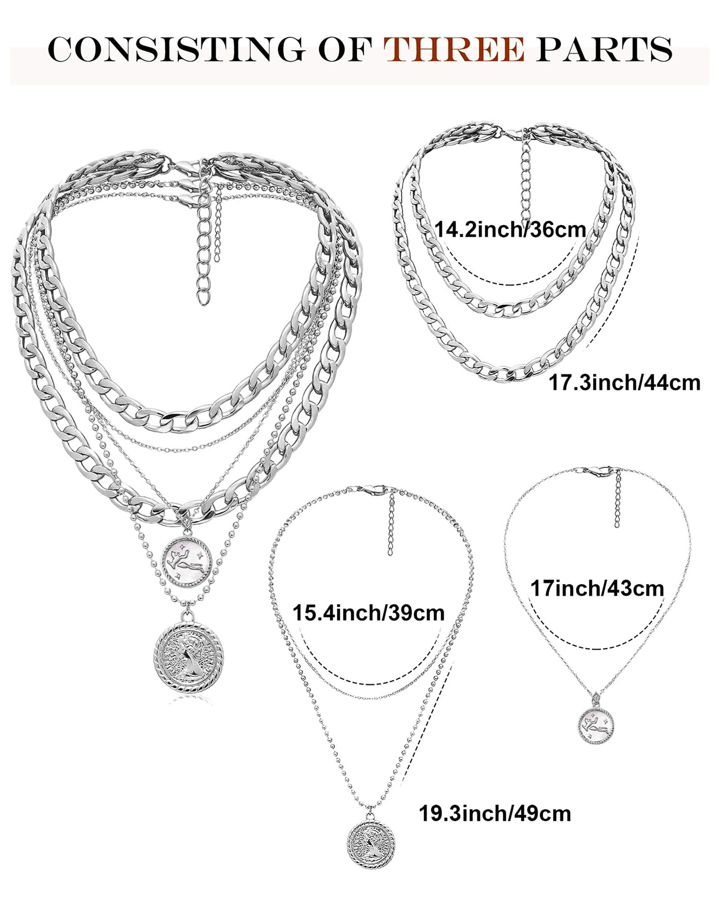 MJartoria Gold Layered Necklaces for Women Trendy Retro Coin Pendant Necklace Dainty Chunky Chain Choker Necklaces for Jewelry Birthday Gifts (Silver, Zodiac-Virgo-3PCS Layered)