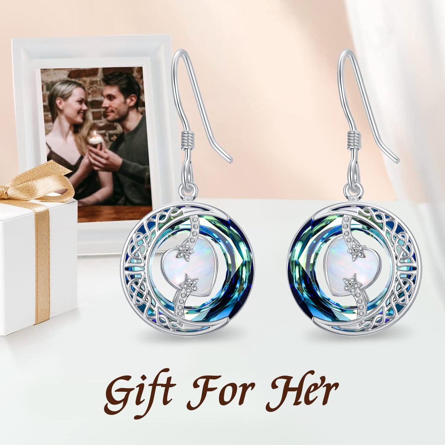 TOUPOP Opal Earrings October Birthstone Earrings Sterling Silver Moon and Star Drop Dangle Earring Jewelry Blue Crystal Birthday Mothers Day Gifts for Women Mom Her