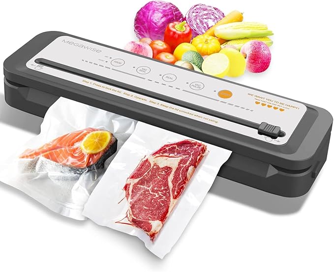 MEGAWISE Vacuum Sealer Machine, Portable Strong Suction Power Food Sealer, Bags and Cutter included with External Vacuum Function, Freshness Saverï¼Silver)