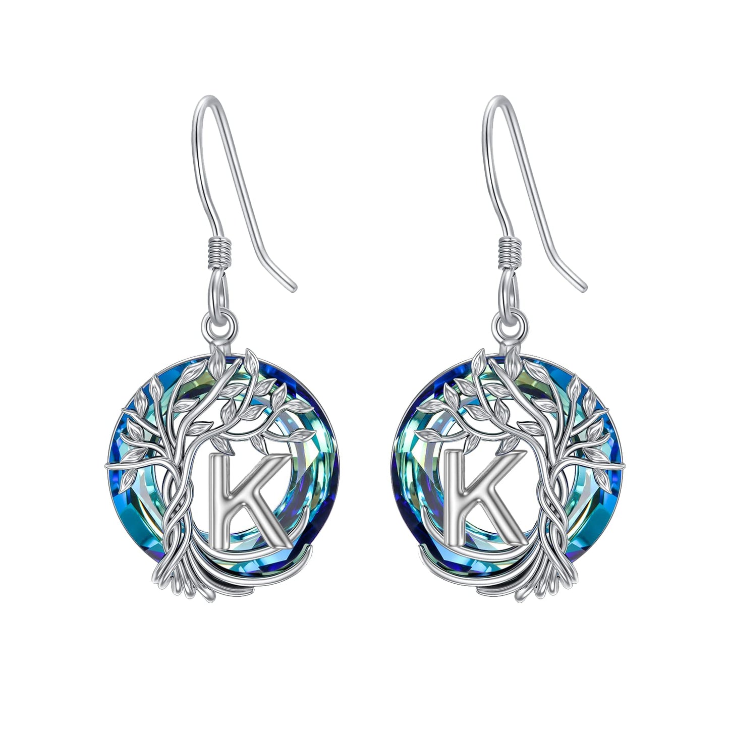TOUPOP Tree of Life Initial Earrings Sterling Silver Initial K Letter Drop Dangle Earrings Blue Circle Crystal Family Tree Jewelry Birthday Mothers Day Gifts for Women Mom Her