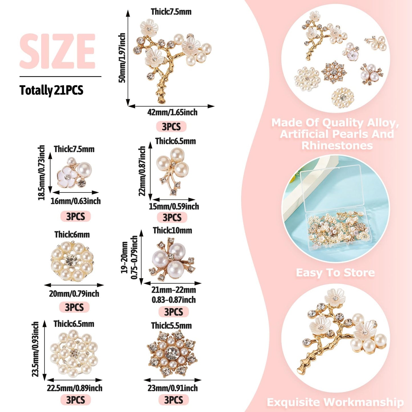 Craftdady 21 PCS Faux Pearl Rhinestone Flower Buttons Pearl Rhinestone Buttons Alloy Floral Embellishments Brooch for Crafts Jewelry Making DIY Wedding Decorations Clothes Bags Shoes Supplies
