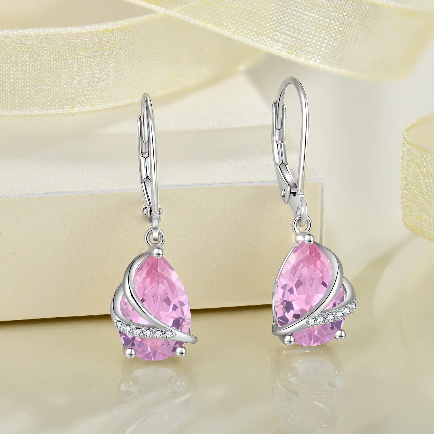 Rocayi October Birthstone Dangle Drop Earrings for Women 925 Sterling Silver Pink Tourmaline Earrings Teardrop Leverback Jewelry Gifts for Wife Girlfriend Mother Daughter Her