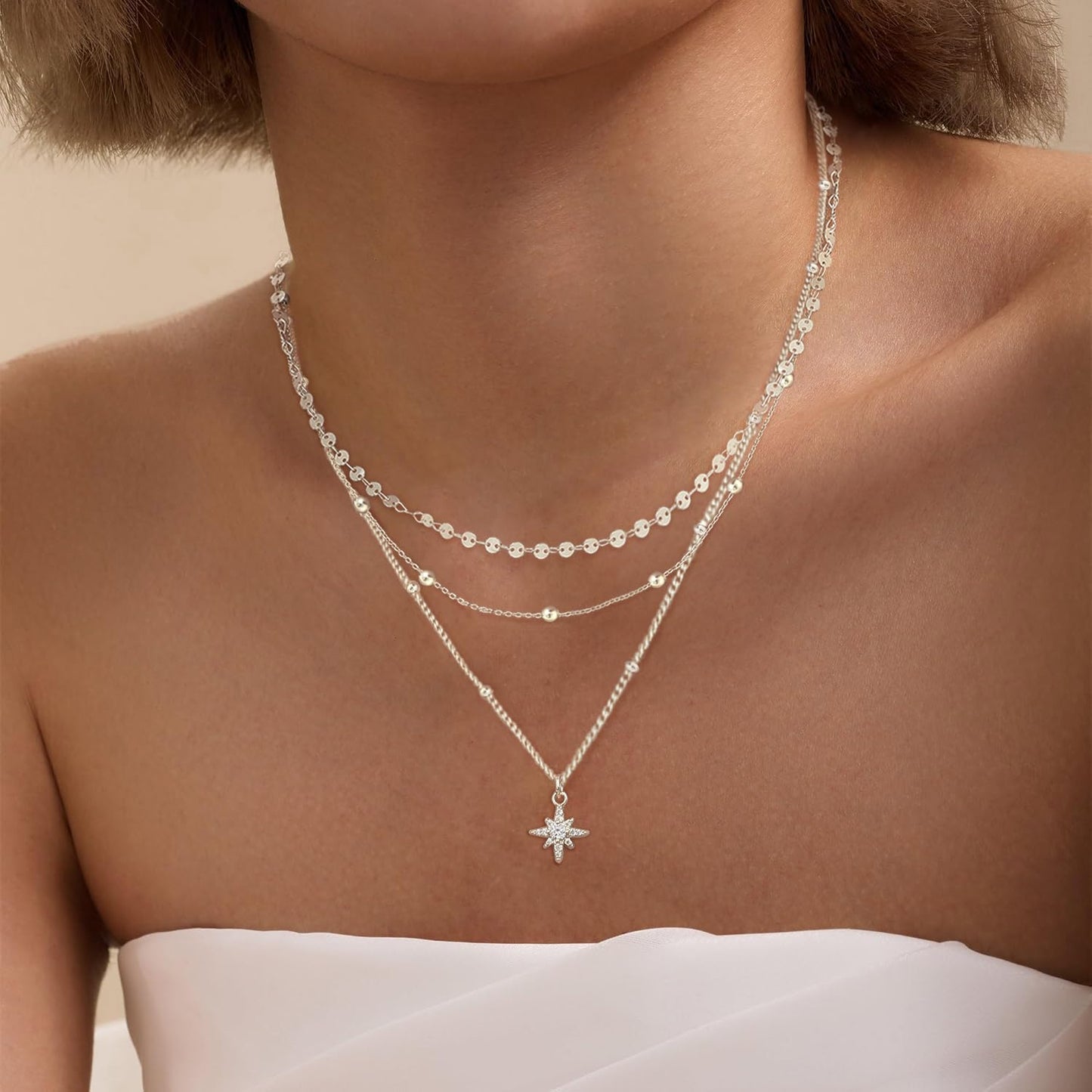XIXINI Silver Necklace for Women, Layered Silver Necklace Stack Dainty Layering Star Pendant Necklace Simple Silver Choker Necklaces for Women Trendy Fashion Silver Jewelry
