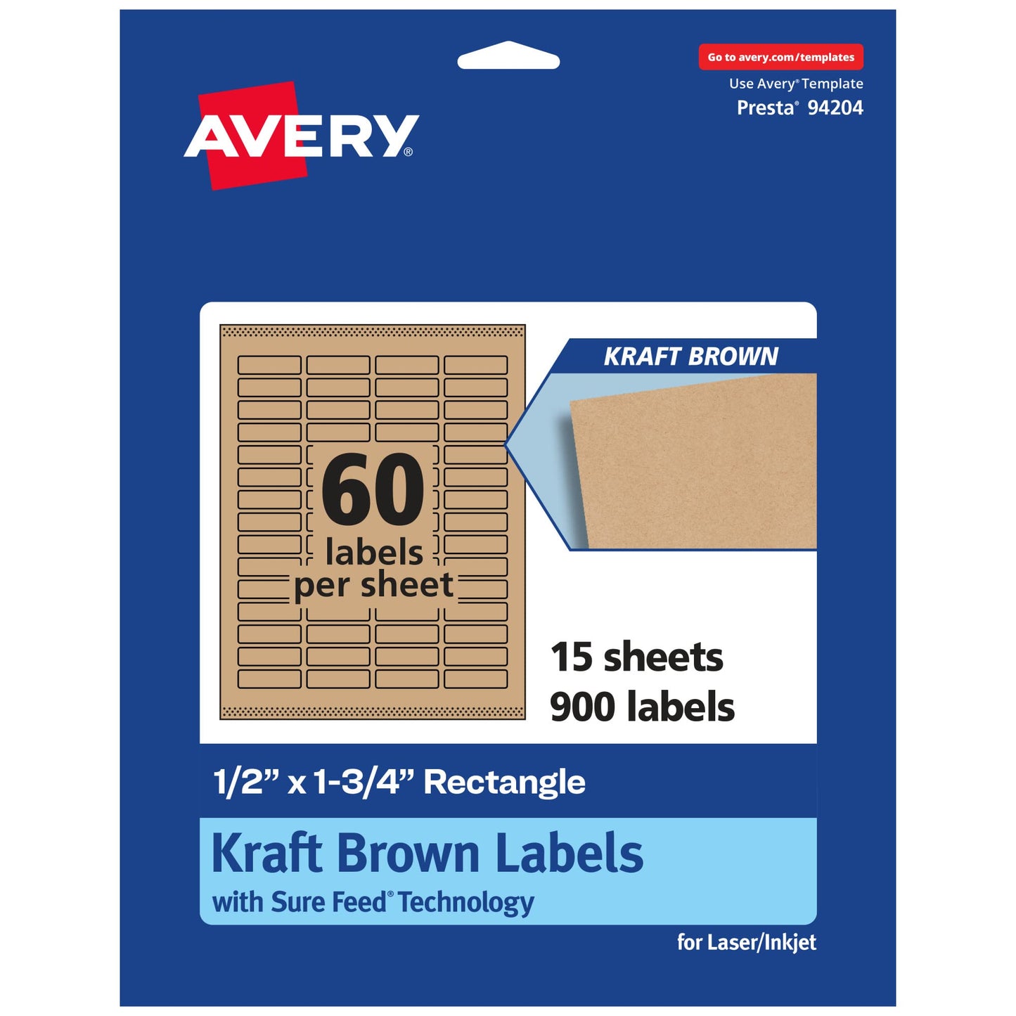 Avery Kraft Brown Rectangle Labels, Sure Feed Technology, 0.5" x 1.75", 900 Kraft Brown Labels, Print-to-The-Edge, Laser/Inkjet Printable