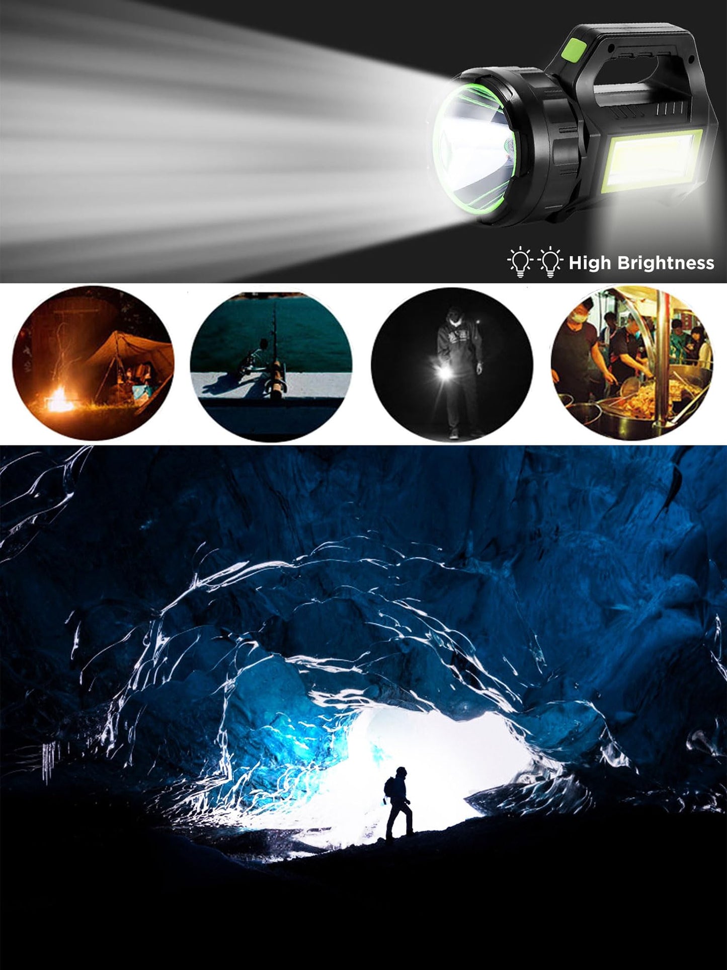 HAASHADA LED Searchlight LED Lantern, Solar Rechargeable Super Bright 10000LM Handheld LEDs Spotlight, Multifunctional Camping Lamp Work Lights, 7 Light Modes, IPX4 Waterproof, for Emergency