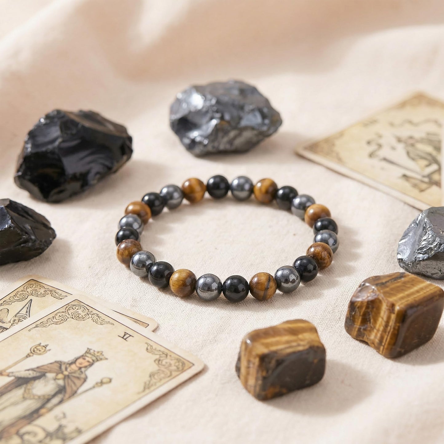 Bivei Triple Protection Bracelet, Strength Crystal Healing Bracelet 8MM with Obsidian & Hematite & Tiger Eye - Spiritual Stretch Beaded Jewelry for Women Men Gift