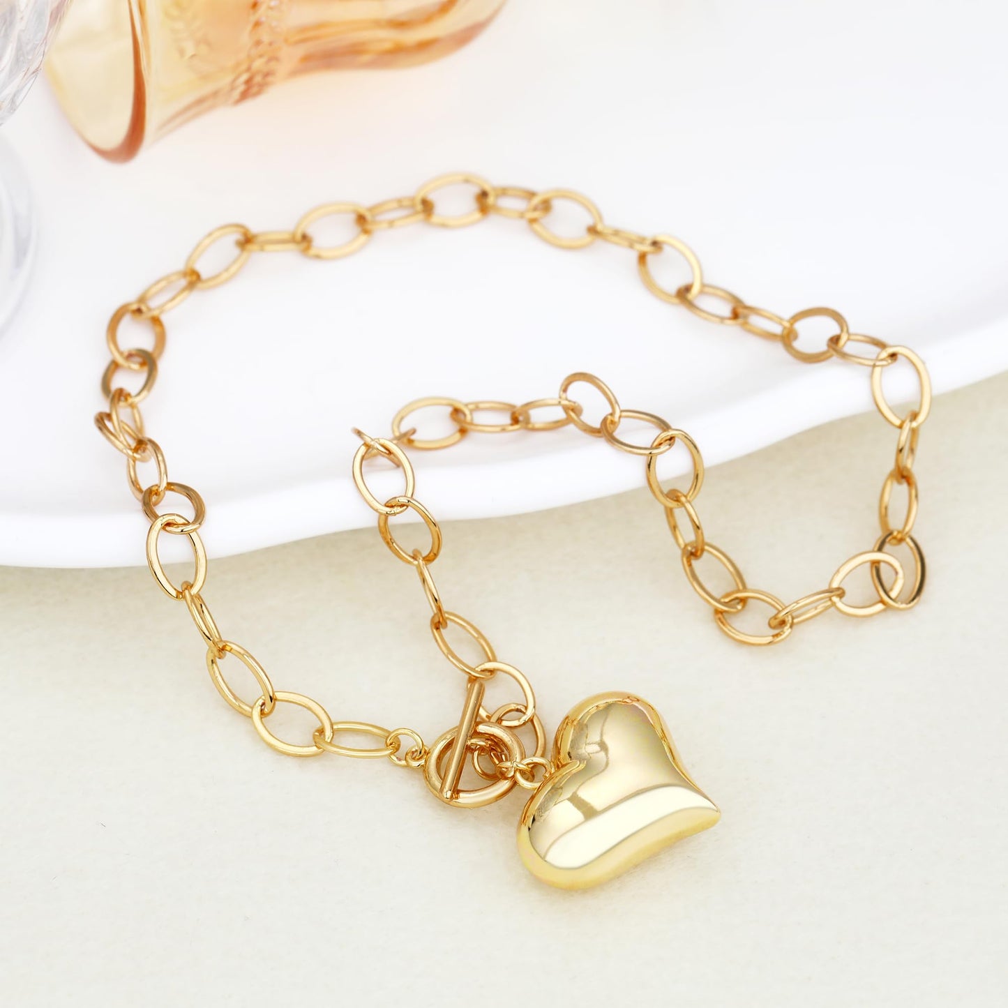 BONJOULRY Chunky Gold Bubble Heart Charm Toggle Necklace for Women, Gold Statement Thick Paperclip Link Chain Puffy Heart Pendant Choker Necklaces for Women Trendy Jewelry Cute 25MM