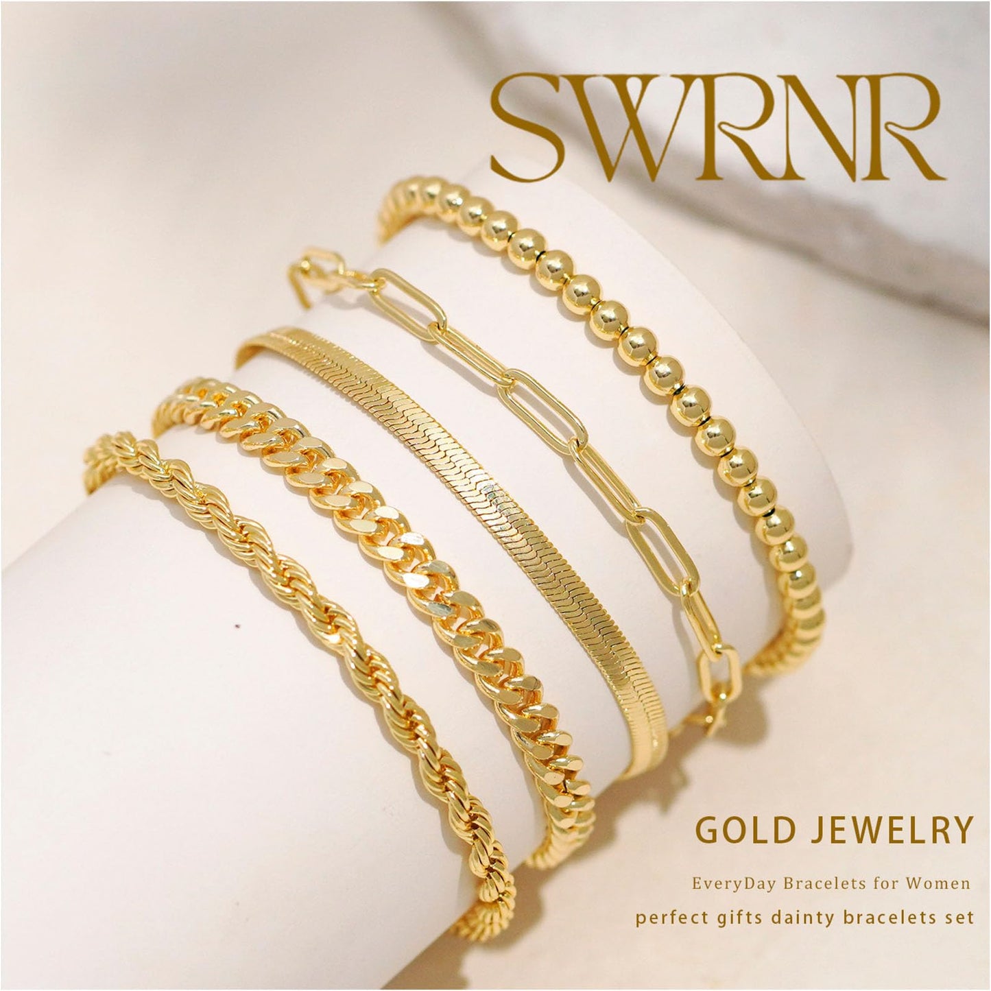 Gold Bracelets for Women, Dainty 14K Gold Plated Bracelet Stack for Women Trendy CZ Tennis Paperclip Cuban Chain Stackable Adjustable Waterproof Link Bracelet Jewelry Set Fashion Accessories Gifts