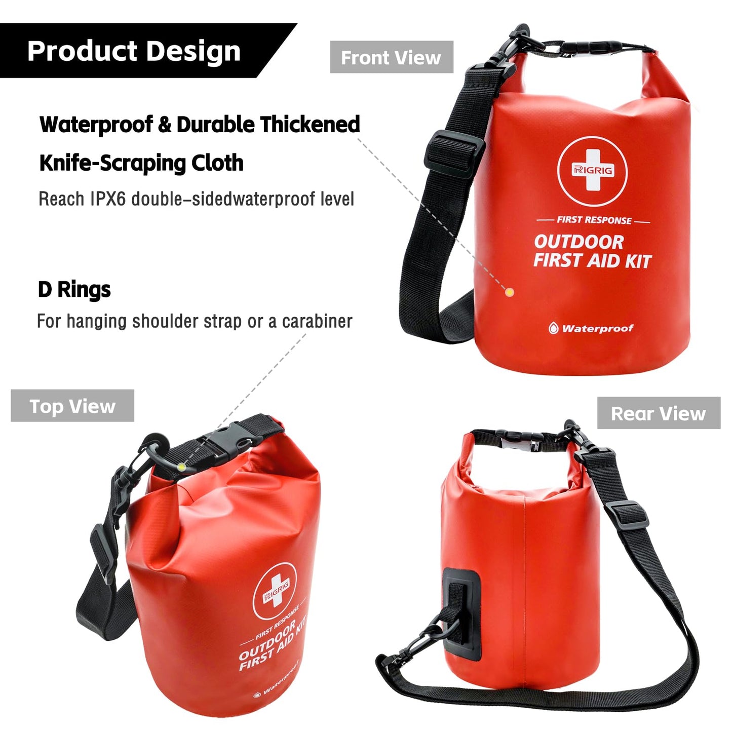RIGRIG Waterproof First Aid Kit 186 Pcs Survival Gear, Portable Small Boat Dry Bag Bug Out Bags, Emergencies Medical Kit Ideal for Boating, Fishing, Hiking, Camping, Kayaking (Red)