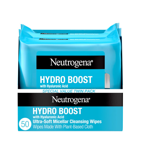 Neutrogena Hydro Boost Cleansing Wipes Makeup Remover for Face Micellar Gently Removes Oil, Dirt, and Waterproof Makeup Daily with Hydrating Hyaluronic Acid, 25 ct