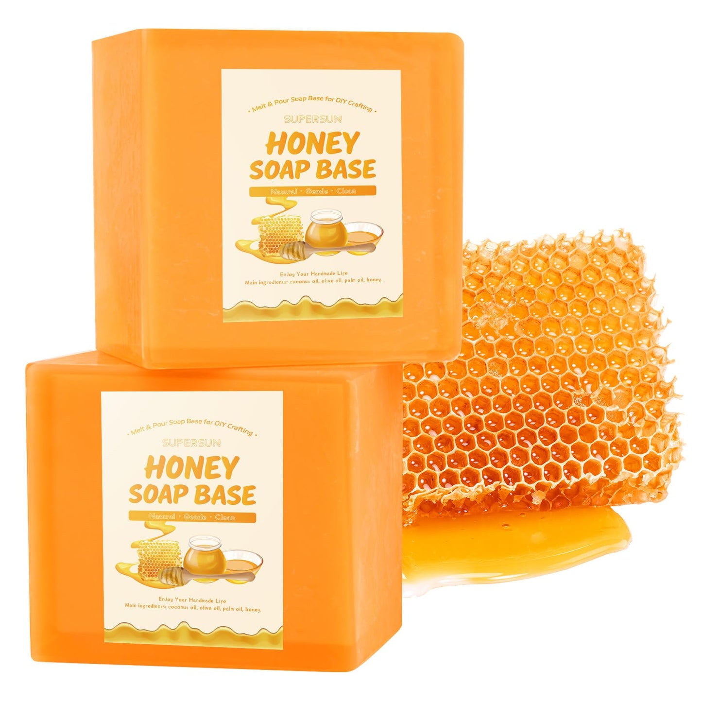 SUPERSUN 2lb Honey Soap Base for Soap Making Supplies,Moisturizing Melt and Pour Sope Base for DIY Handmade,All Natural and Gentle on Skin,Organic Soap Making Kit for Adults,Easy to Cut