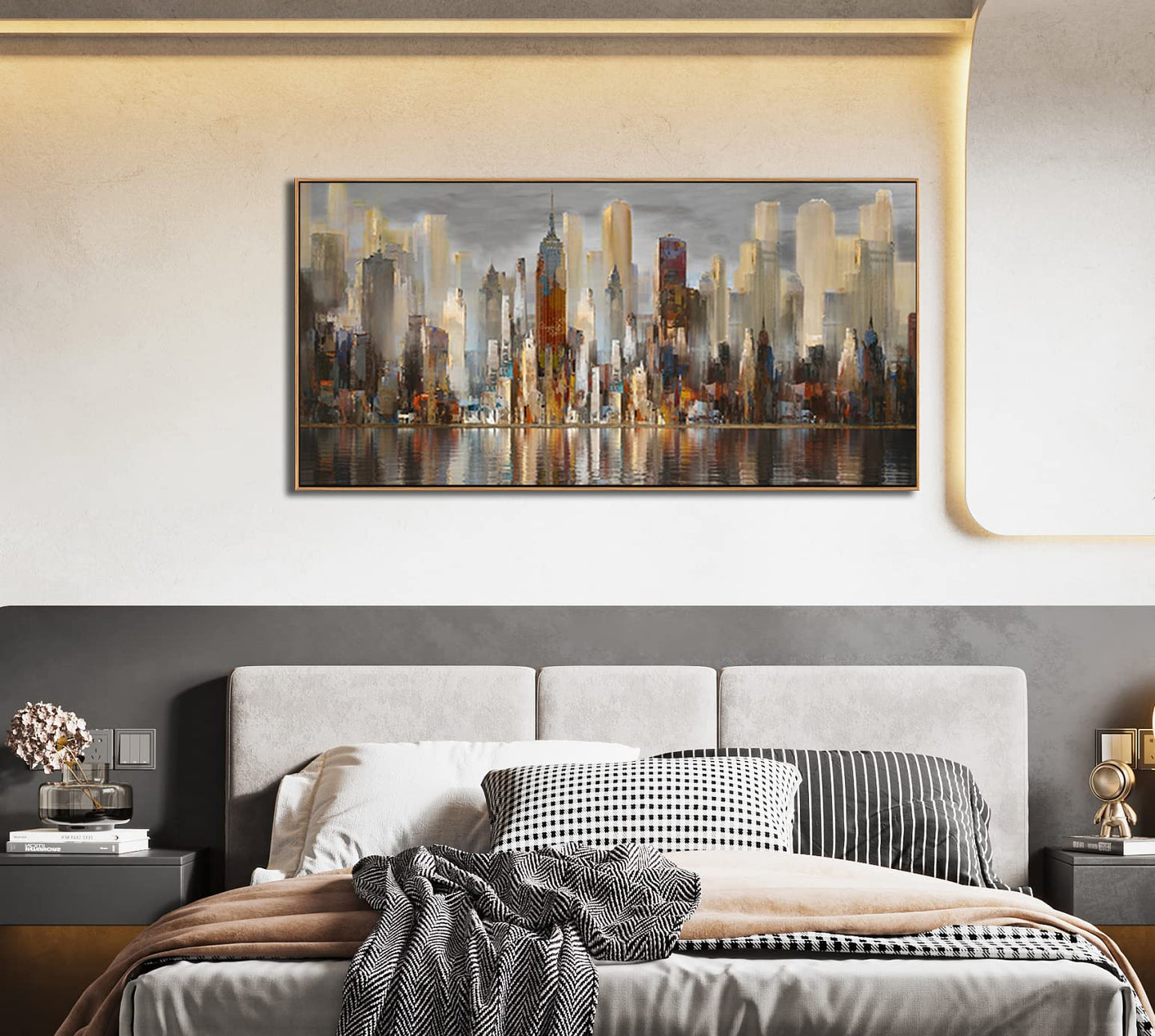 Mofutinpo Abstract Modern Canvas Wall Art for Living Room Cityscape New York Wall Decor City Theme Paintings Brown Framed Pictures Office Artwork Wall Decor Bedroom Above Bed
